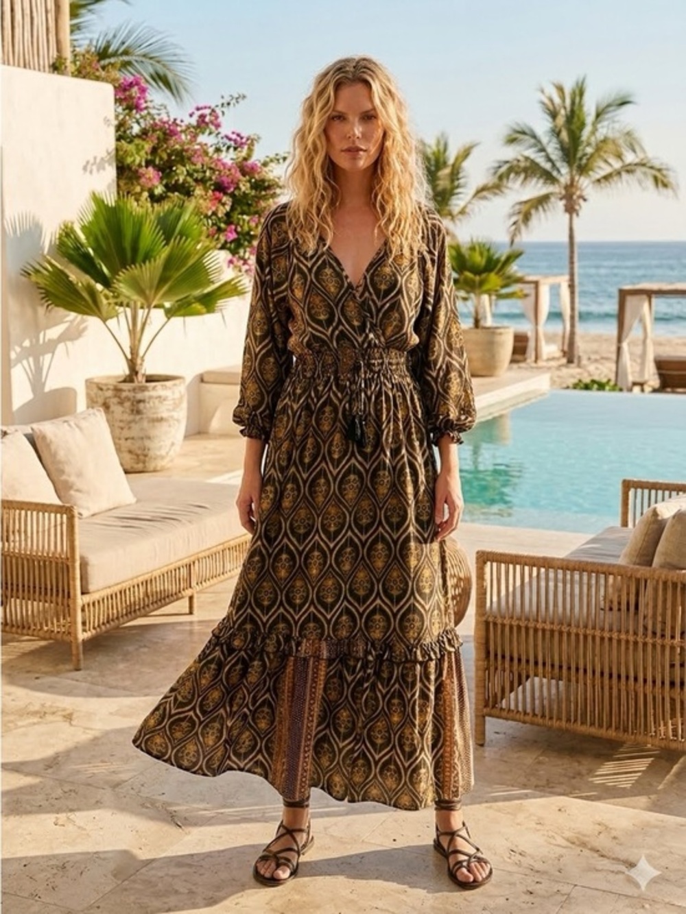 Anthropologie RAGA Boho Tiered Maxi Dress in Black and Gold V-Neck Smocked Waist
